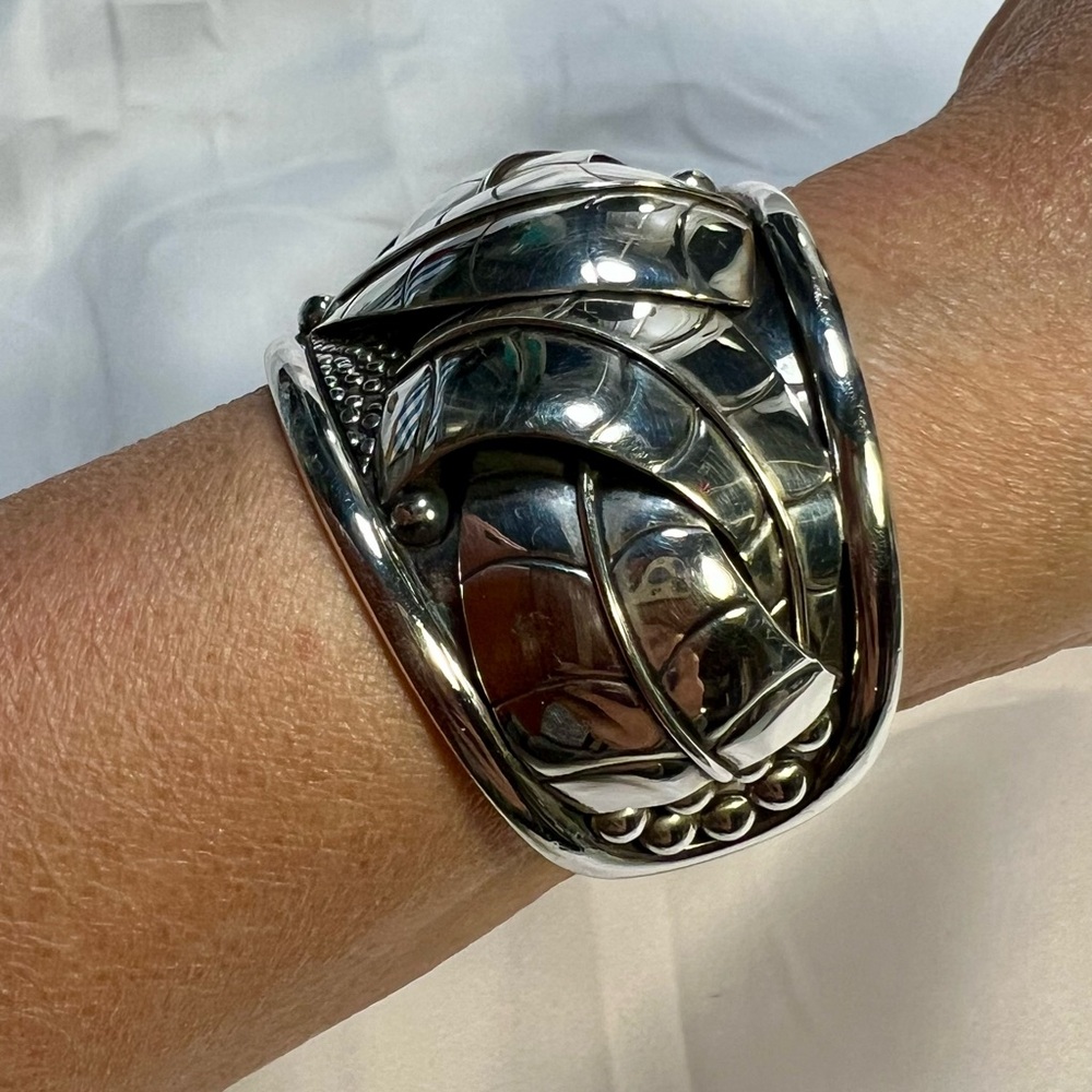 Vintage Engraved Leaves SW 925 SS Mexico Cuff Bracelet by DDD Dominique Dinouart